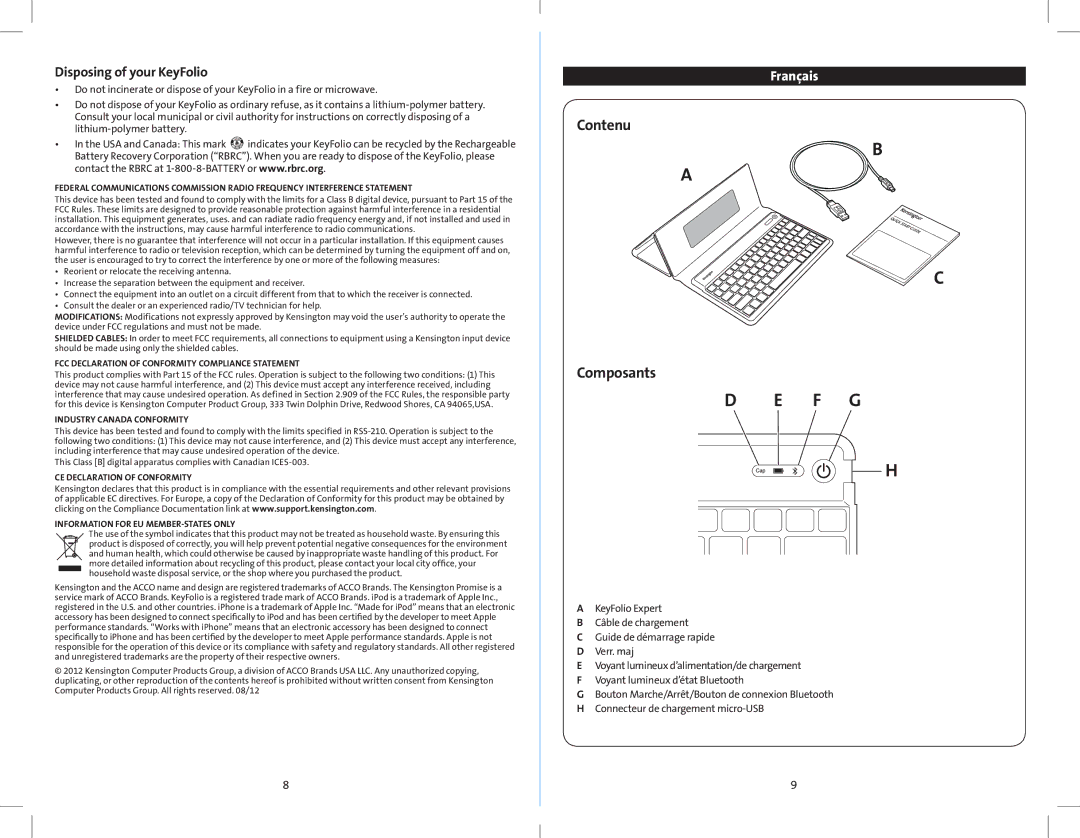 Kensington K39561 Contenu, Composants, Disposing of your KeyFolio, FCC Declaration of Conformity Compliance Statement 