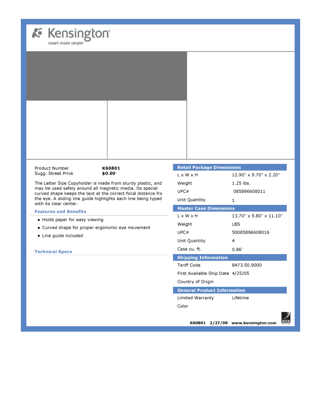 Kensington K60801 dimensions Features and Benefits, Technical Specs, Retail Package Dimensions, Master Case Dimensions 