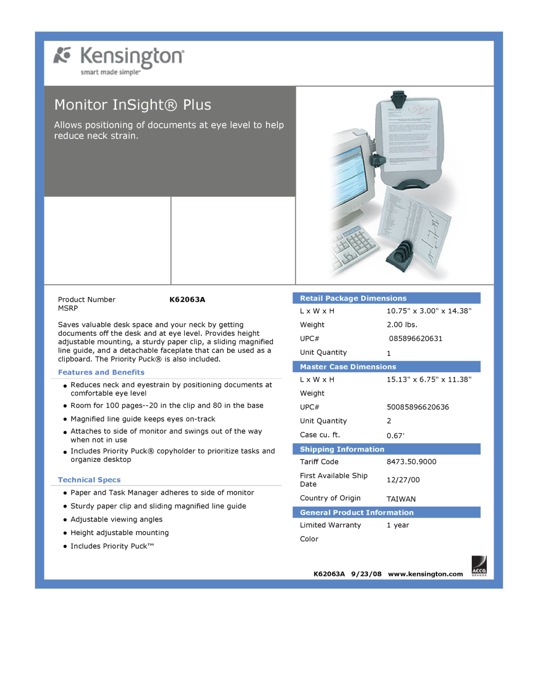 Kensington K62063A dimensions Monitor InSight Plus, Retail Package Dimensions, Master Case Dimensions 