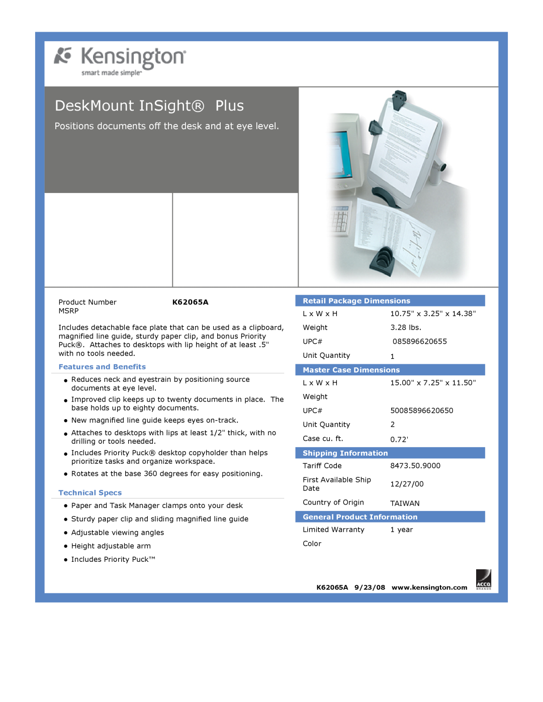 Kensington K62065A dimensions DeskMount InSight Plus, Positions documents off the desk and at eye level, Technical Specs 