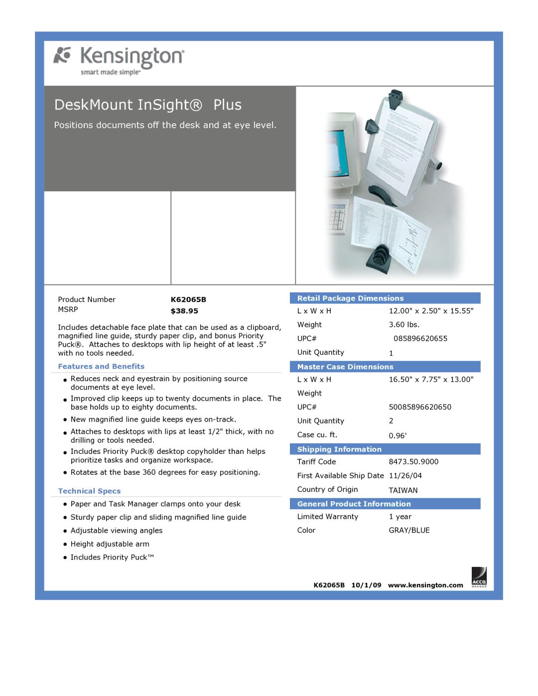 Kensington K62065B dimensions DeskMount InSight Plus, Positions documents off the desk and at eye level 