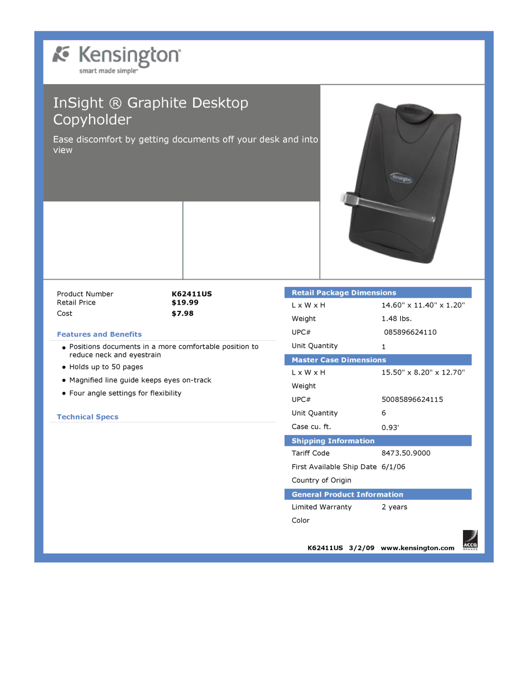 Kensington K62411US dimensions InSight Graphite Desktop Copyholder, Retail Package Dimensions, Master Case Dimensions 