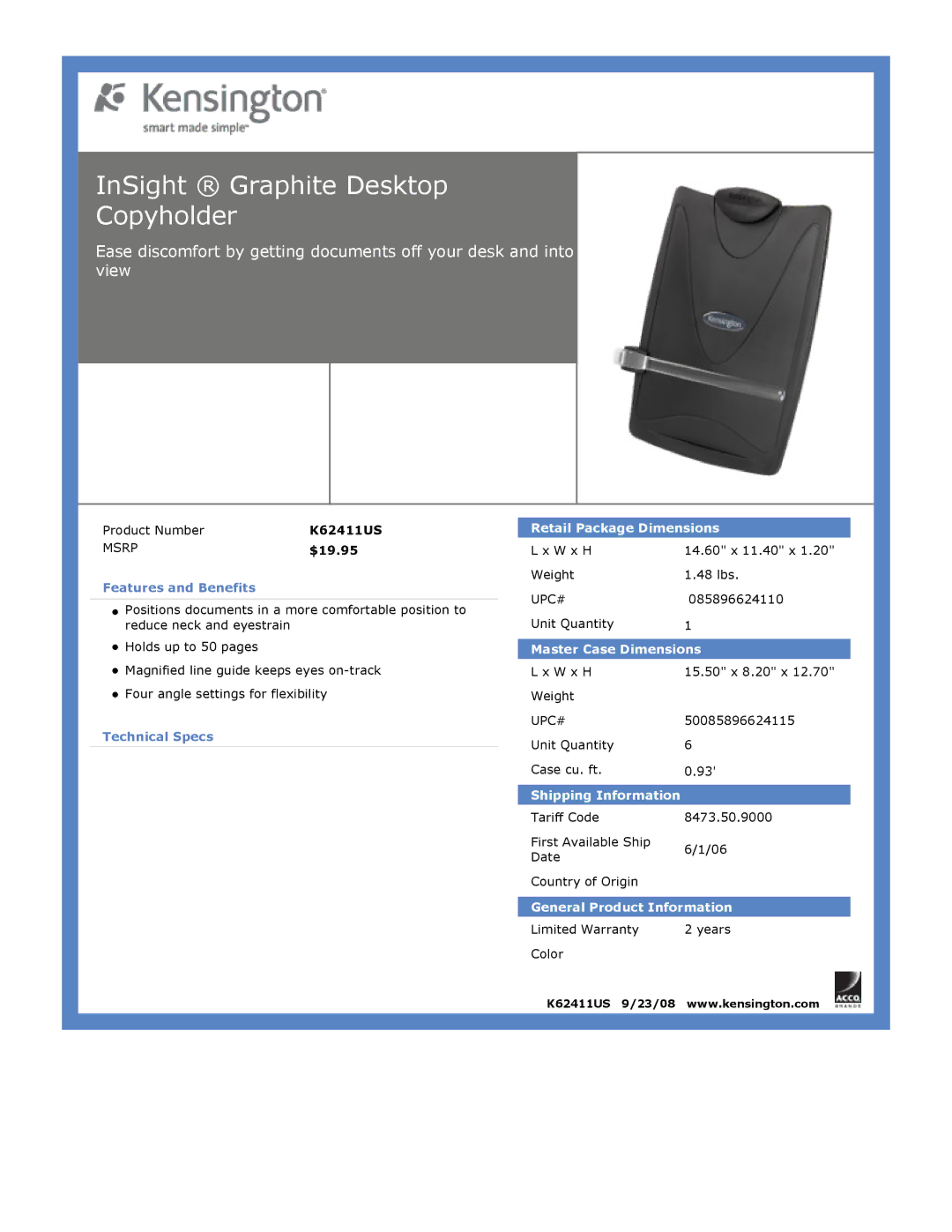 Kensington K62411US dimensions InSight Graphite Desktop Copyholder, Retail Package Dimensions, Master Case Dimensions 