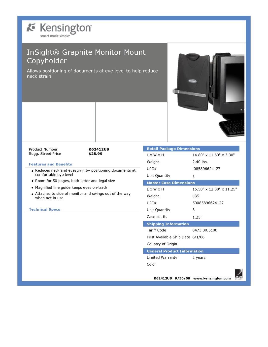 Kensington K62412US dimensions InSight Graphite Monitor Mount Copyholder, Retail Package Dimensions 