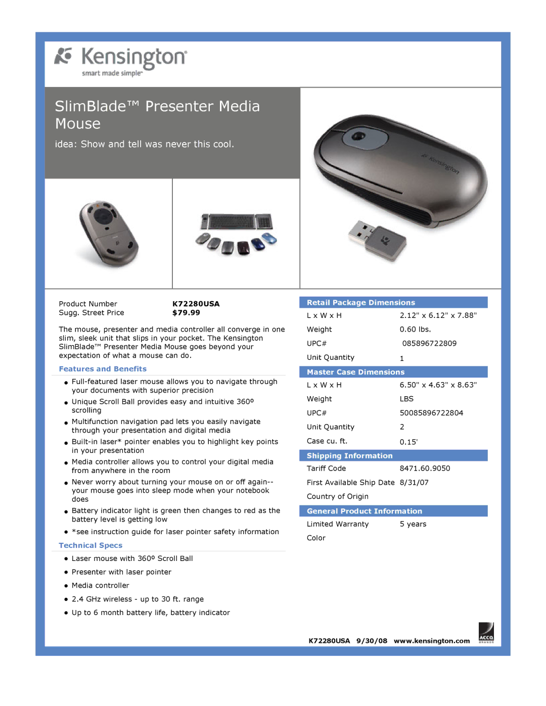 Kensington K72280USA dimensions SlimBlade Presenter Media Mouse, Idea Show and tell was never this cool 