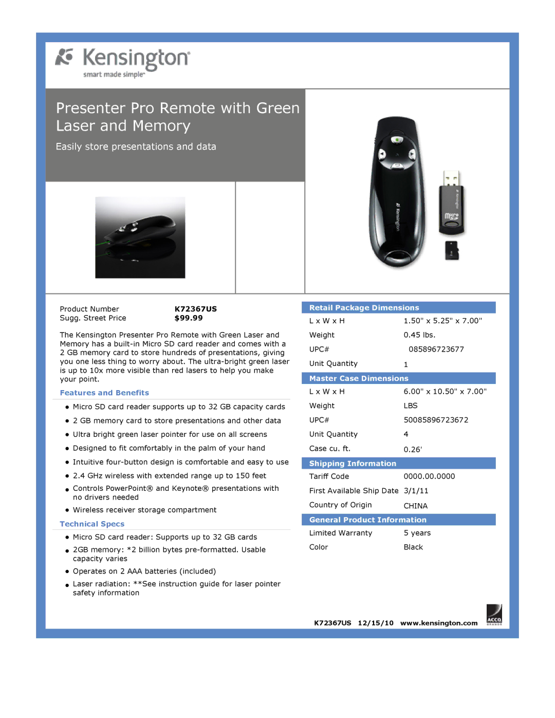 Kensington K72367US dimensions Presenter Pro Remote with Green Laser and Memory, Easily store presentations and data 