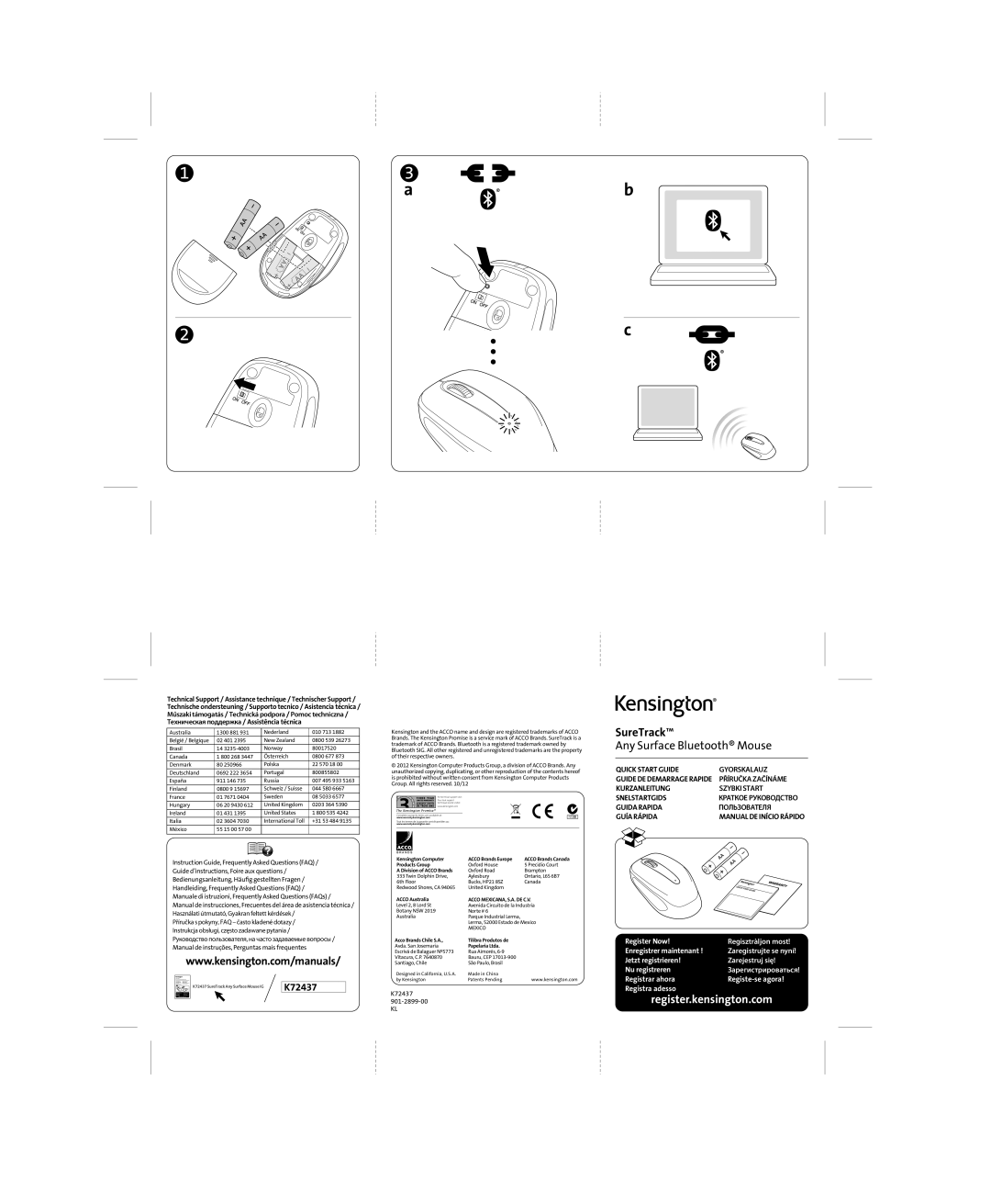 Kensington K72437 quick start SureTrack Any Surface Bluetooth Mouse, Gyorskalauz, Szybki Start, Пользователя 