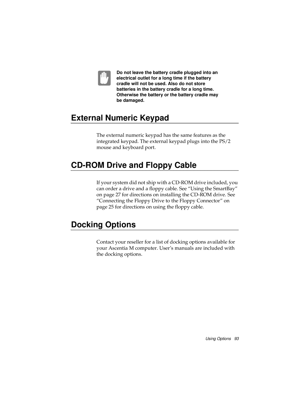 Kensington M Series manual External Numeric Keypad, CD-ROM Drive and Floppy Cable, Docking Options 