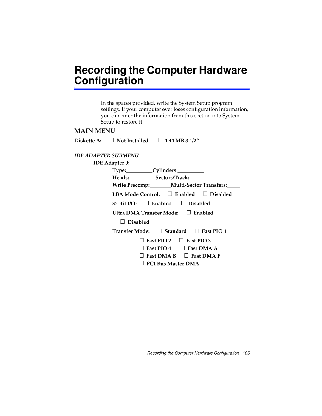 Kensington M Series manual Recording the Computer Hardware Configuration, Main Menu 