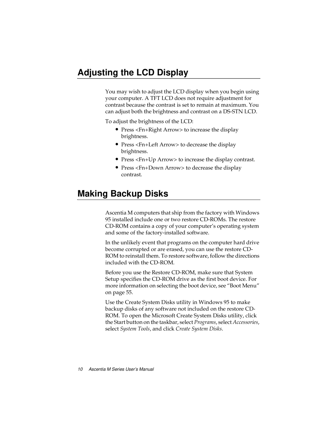 Kensington M Series manual Adjusting the LCD Display, Making Backup Disks 