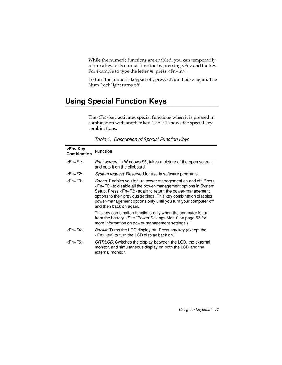 Kensington M Series manual Using Special Function Keys, Description of Special Function Keys 