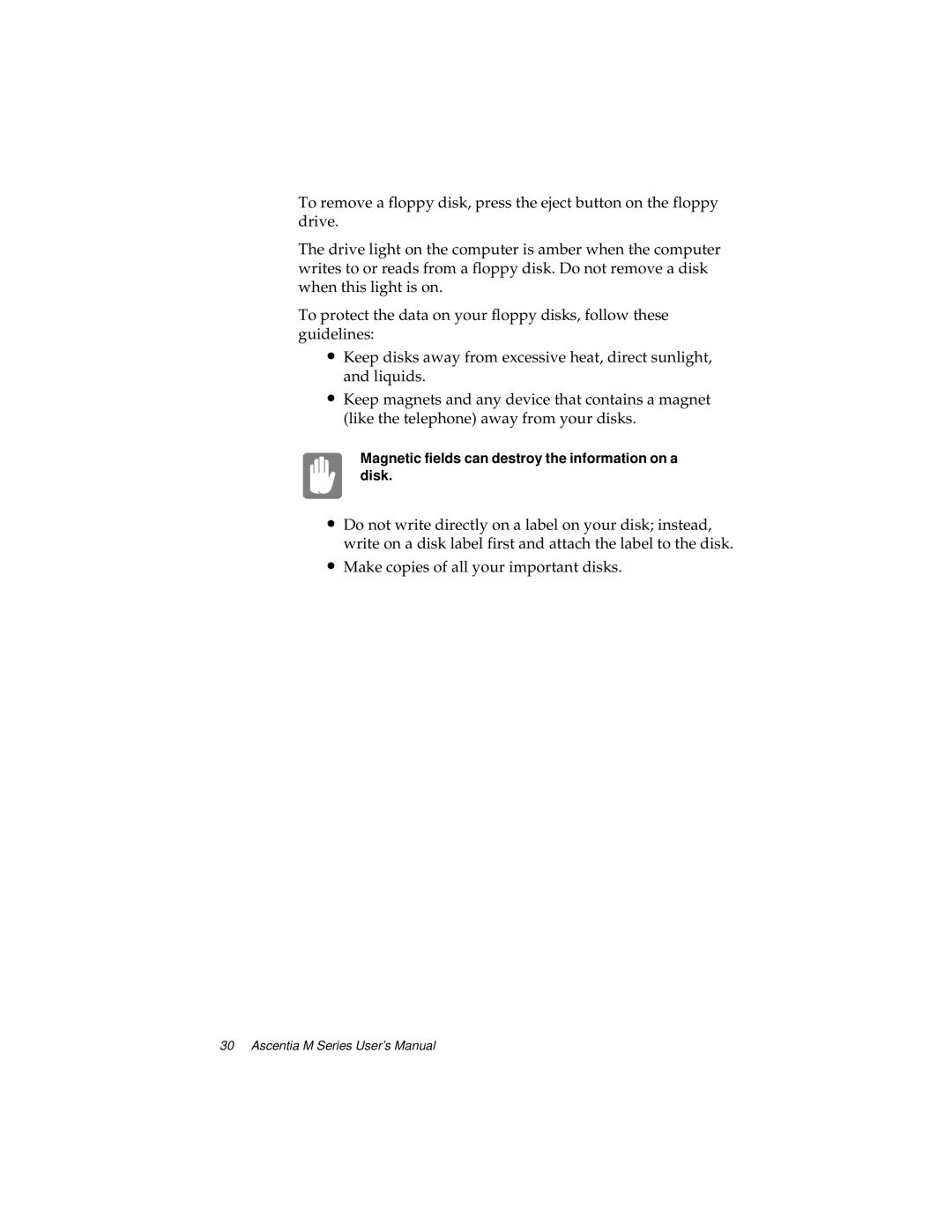 Kensington M Series manual Magnetic fields can destroy the information on a disk 