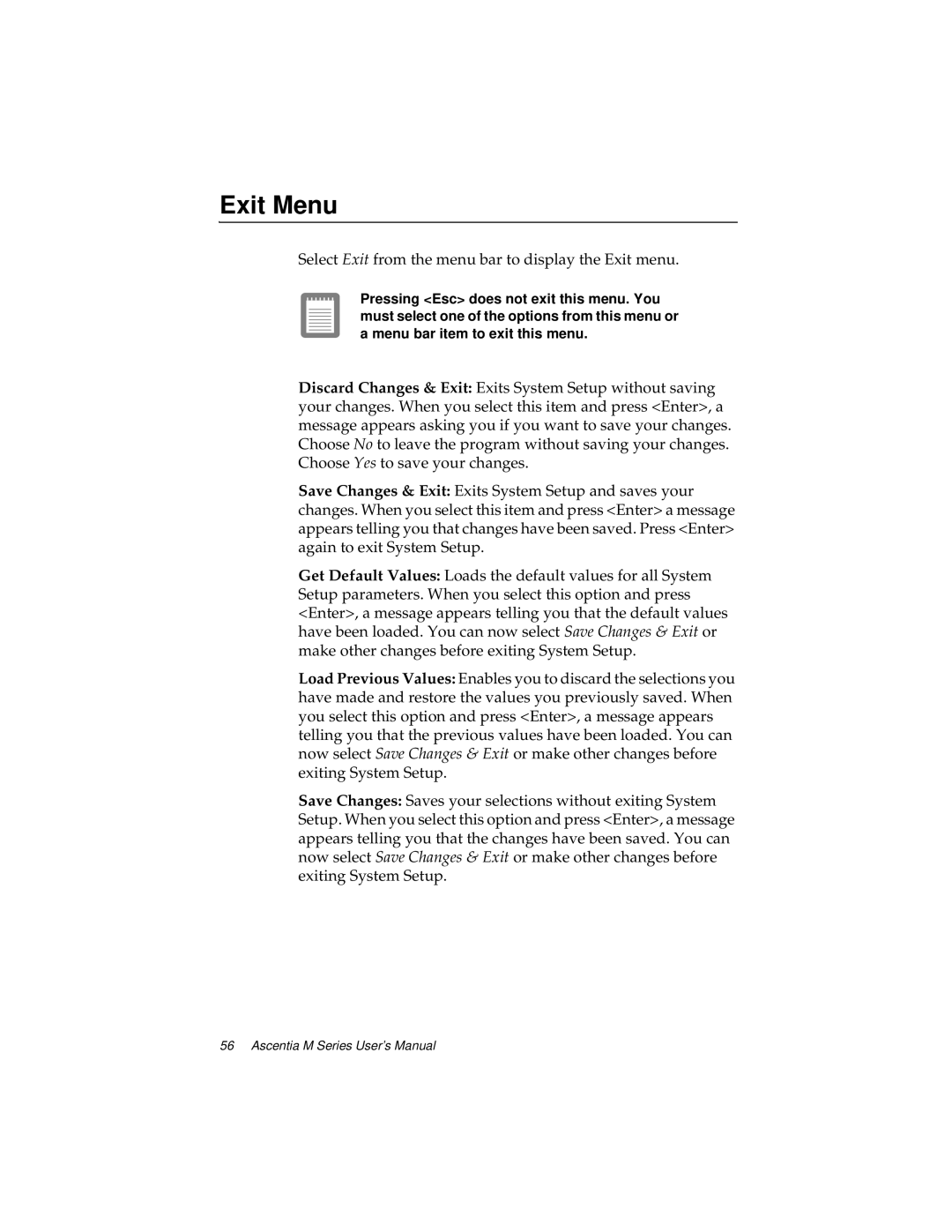 Kensington M Series manual Exit Menu, Select Exit from the menu bar to display the Exit menu 