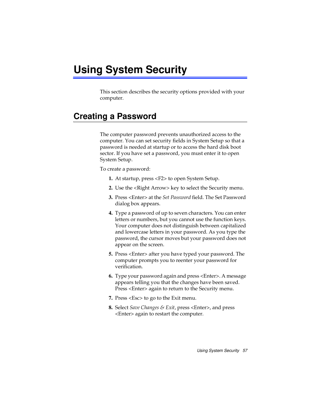 Kensington M Series manual Using System Security, Creating a Password 