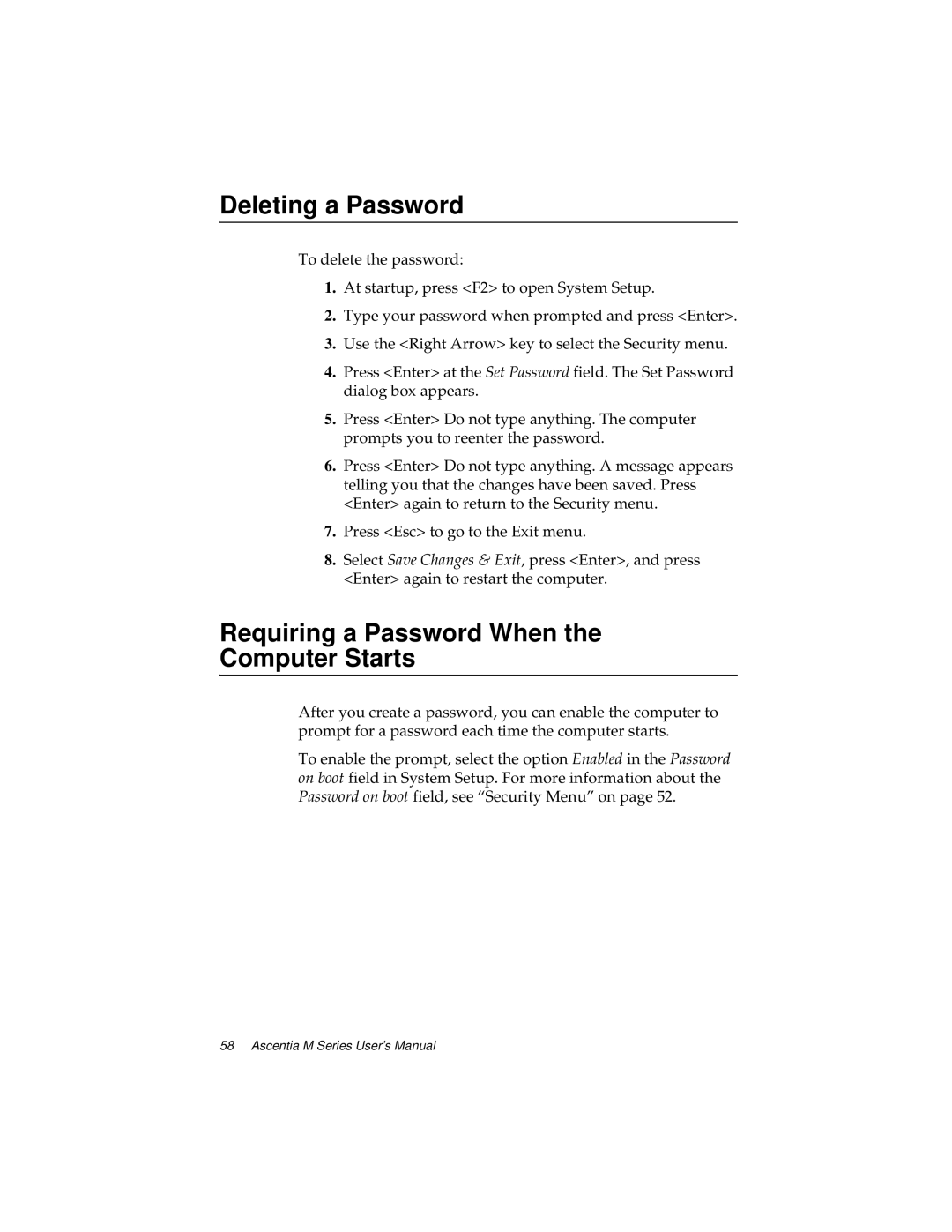 Kensington M Series manual Deleting a Password, Requiring a Password When Computer Starts 