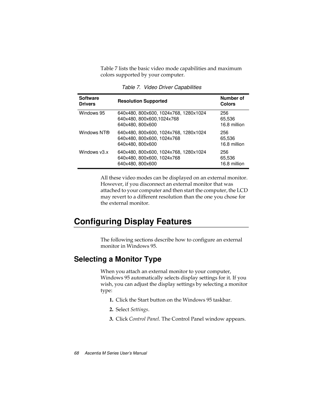 Kensington M Series manual Configuring Display Features, Video Driver Capabilities 