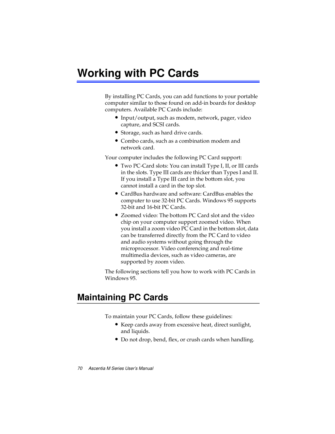 Kensington M Series manual Working with PC Cards, Maintaining PC Cards 