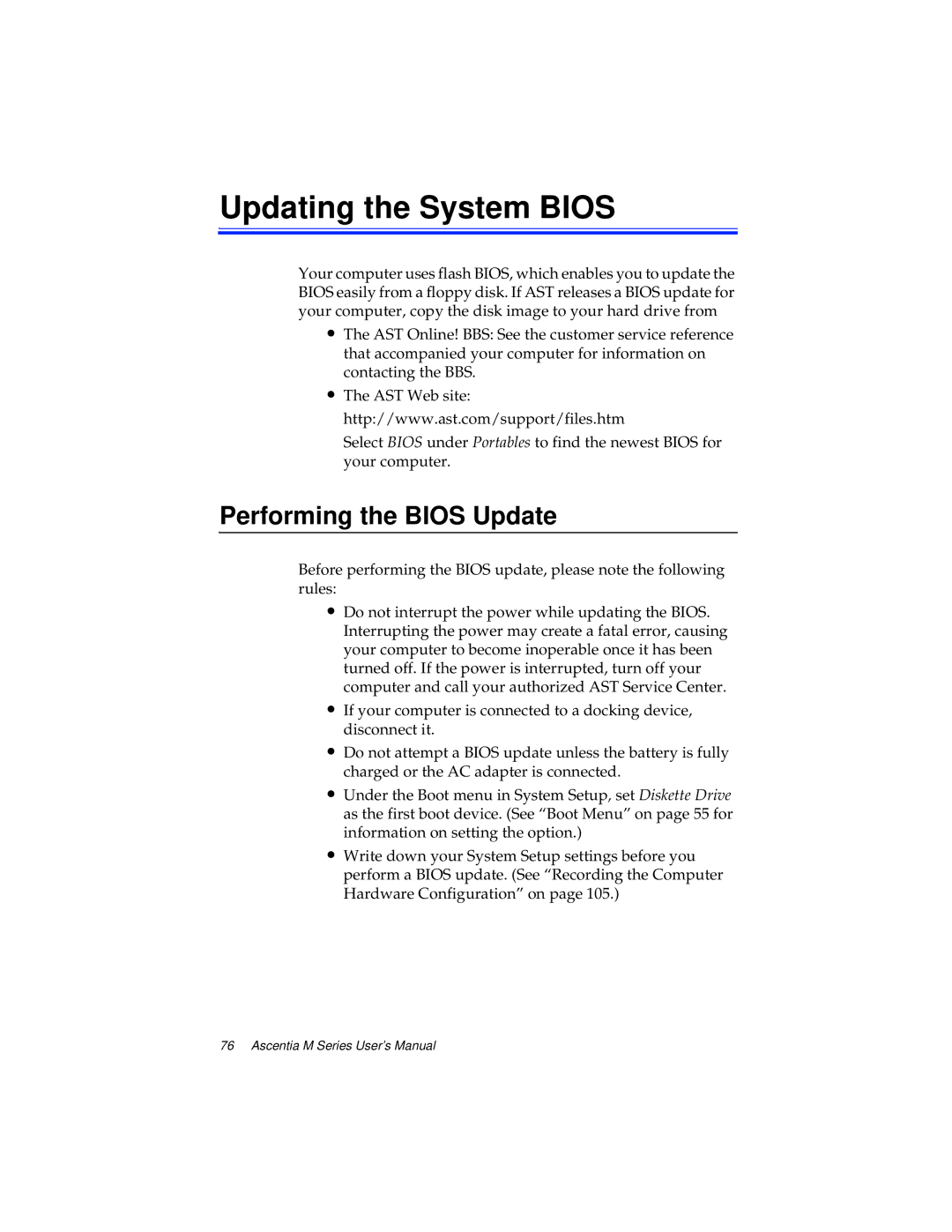 Kensington M Series manual Updating the System Bios, Performing the Bios Update 