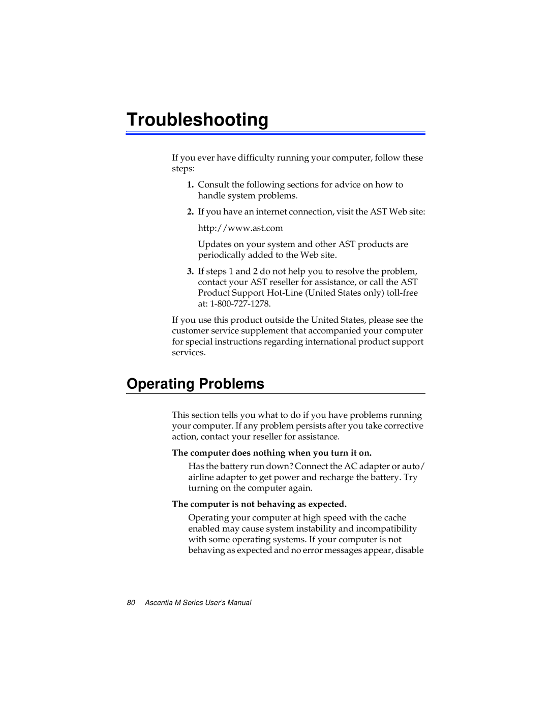 Kensington M Series manual Troubleshooting, Operating Problems 