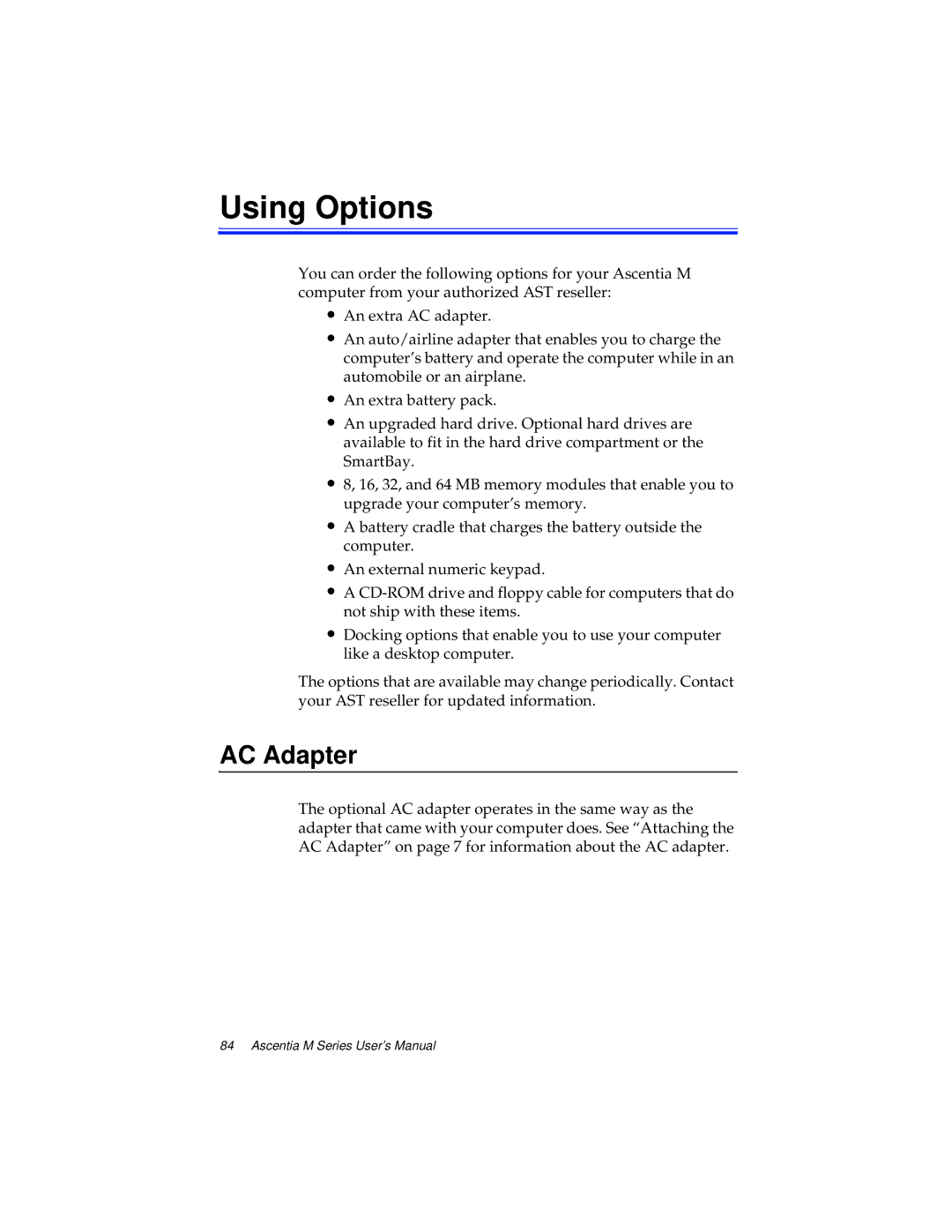 Kensington M Series manual Using Options, AC Adapter 