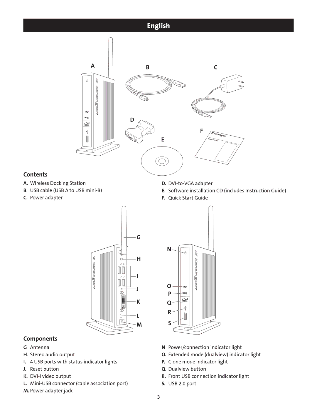 Kensington M01039 manual Contents, Components 