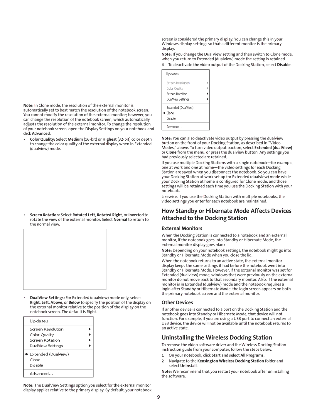 Kensington M01039 manual Uninstalling the Wireless Docking Station, External Monitors, Other Devices 