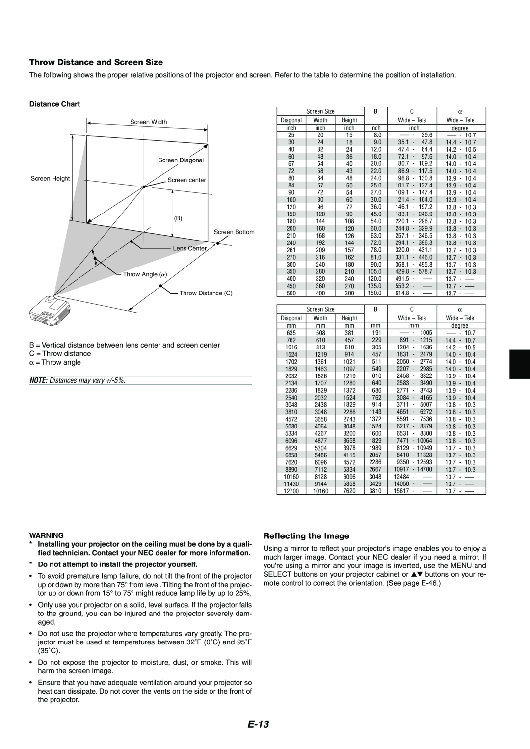 Kensington MT1065, MT1075 user manual E-13, Throw Distance and Screen Size, Reflecting the Image, Distance Chart 