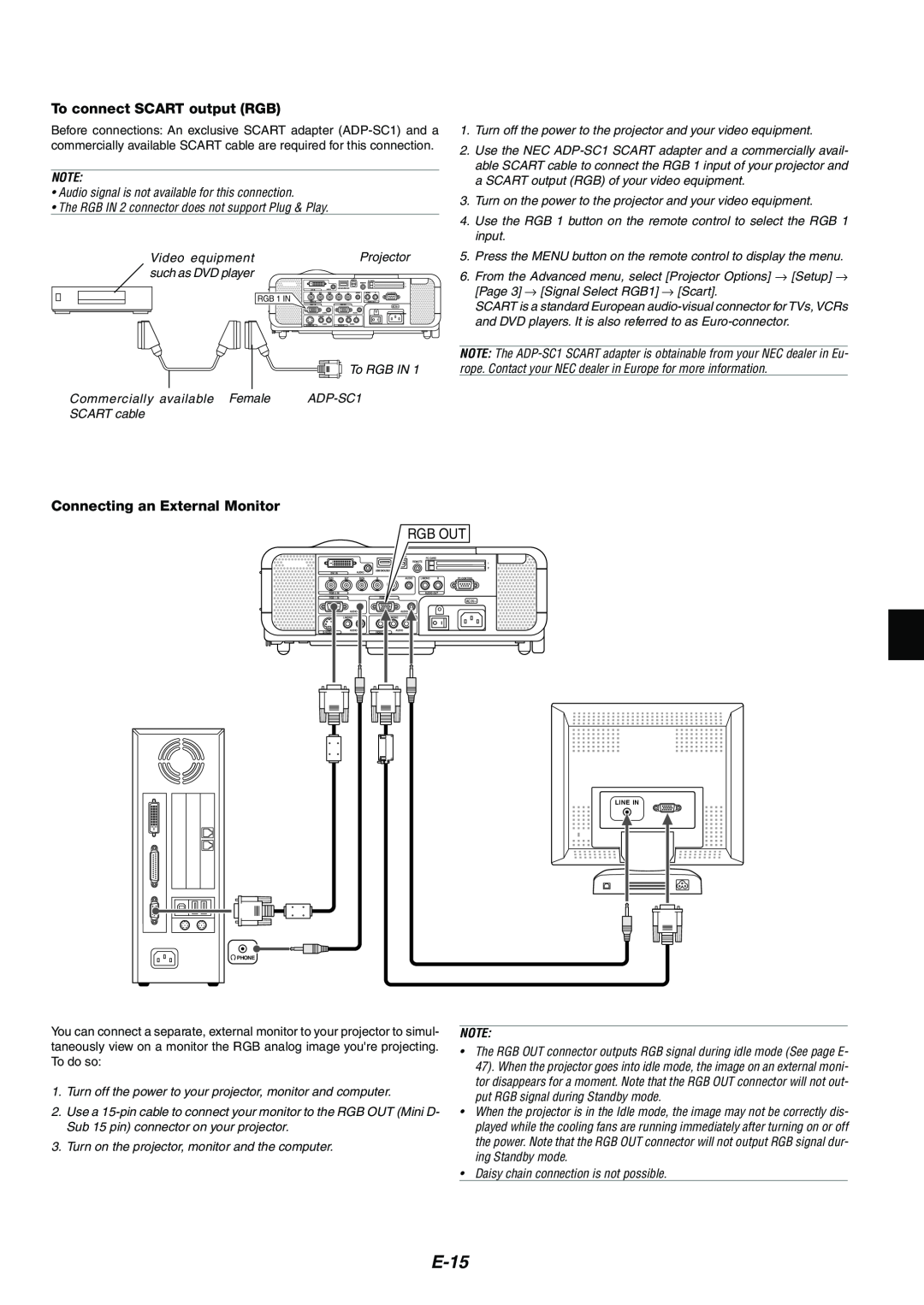 Kensington MT1065, MT1075 user manual E-15, To connect SCART output RGB, Connecting an External Monitor 