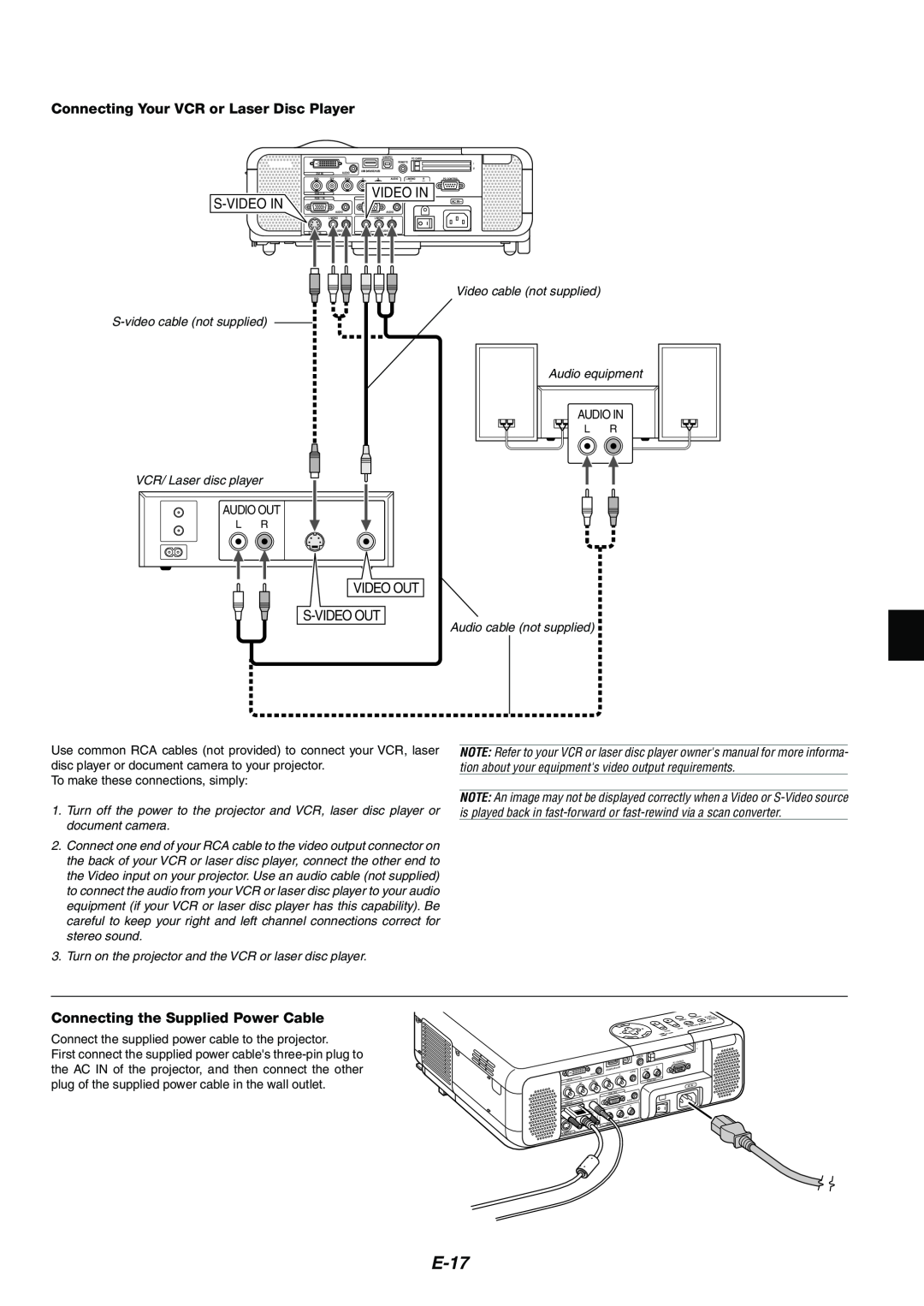 Kensington MT1065, MT1075 user manual E-17, Connecting Your VCR or Laser Disc Player, Connecting the Supplied Power Cable 