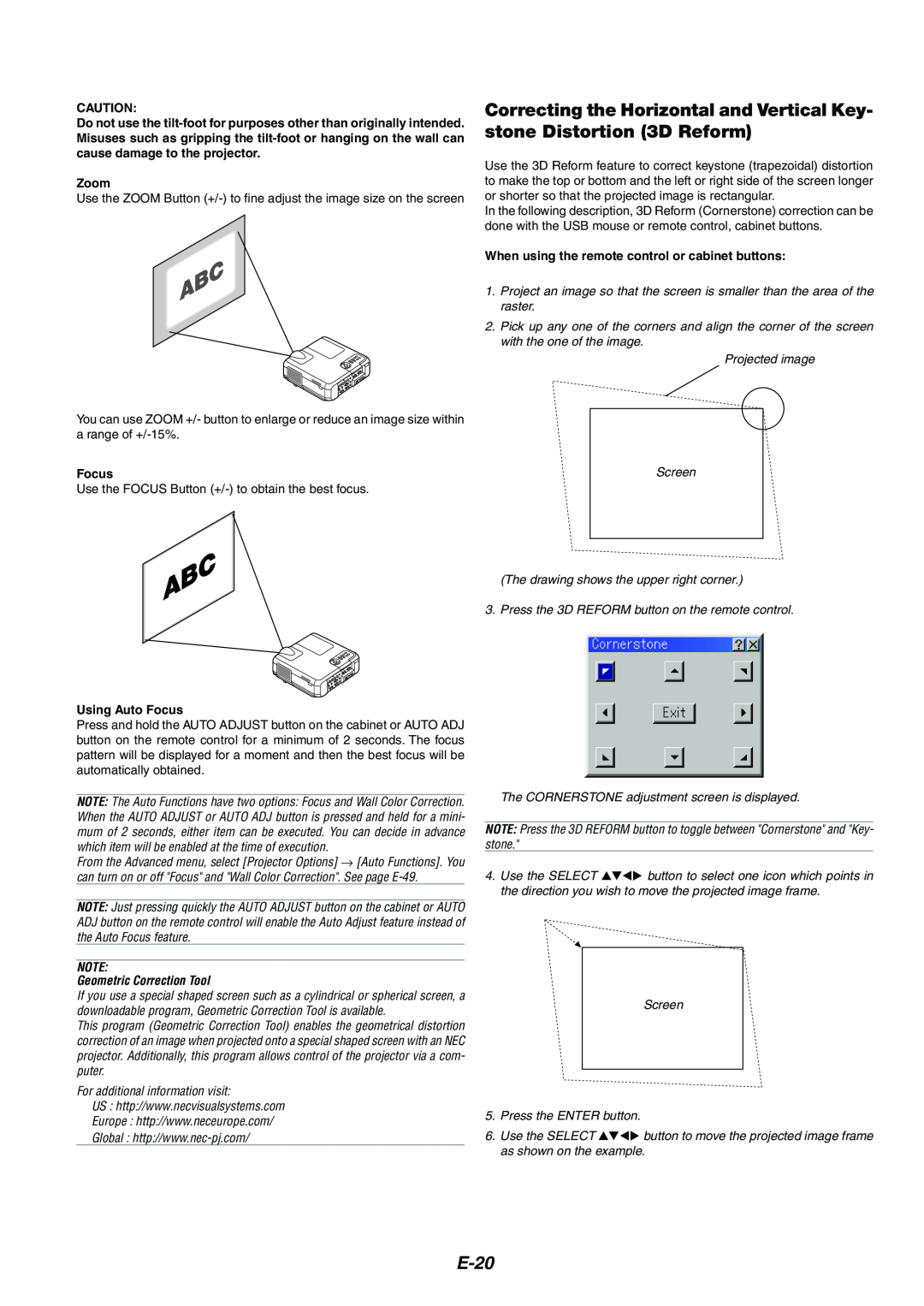 Kensington MT1075, MT1065 user manual E-20, Zoom, When using the remote control or cabinet buttons, Using Auto Focus 