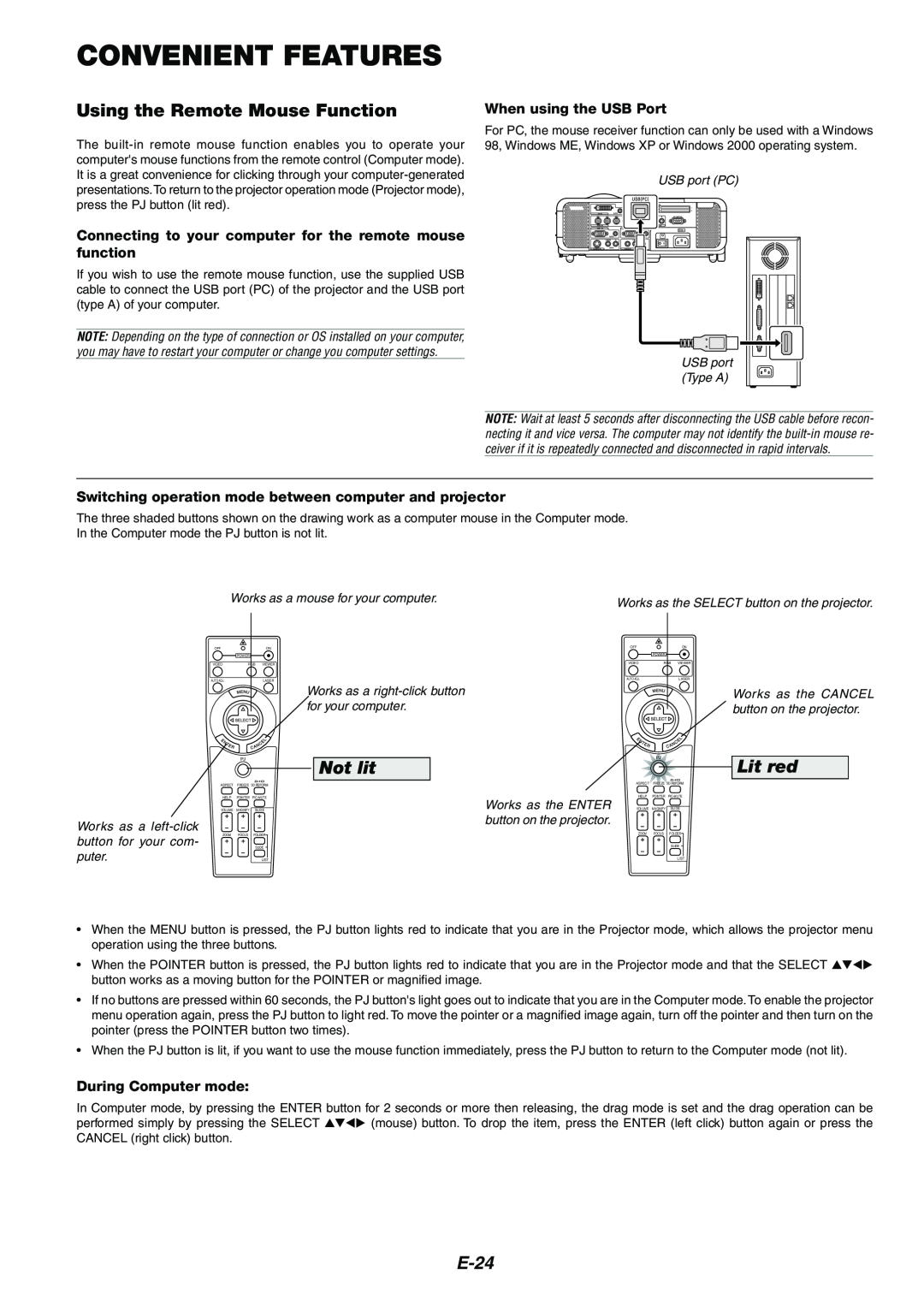 Kensington MT1075 Convenient Features, Using the Remote Mouse Function, E-24, When using the USB Port, Not lit, Lit red 
