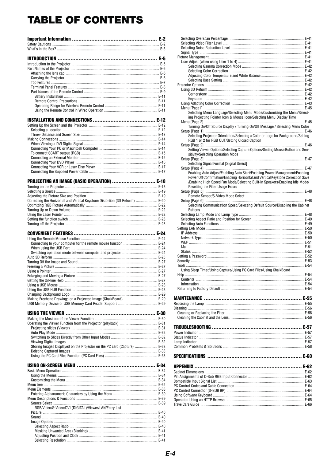 Kensington MT1075 Table Of Contents, Important Information, Introduction, Using The Viewer, Maintenance, Specifications 
