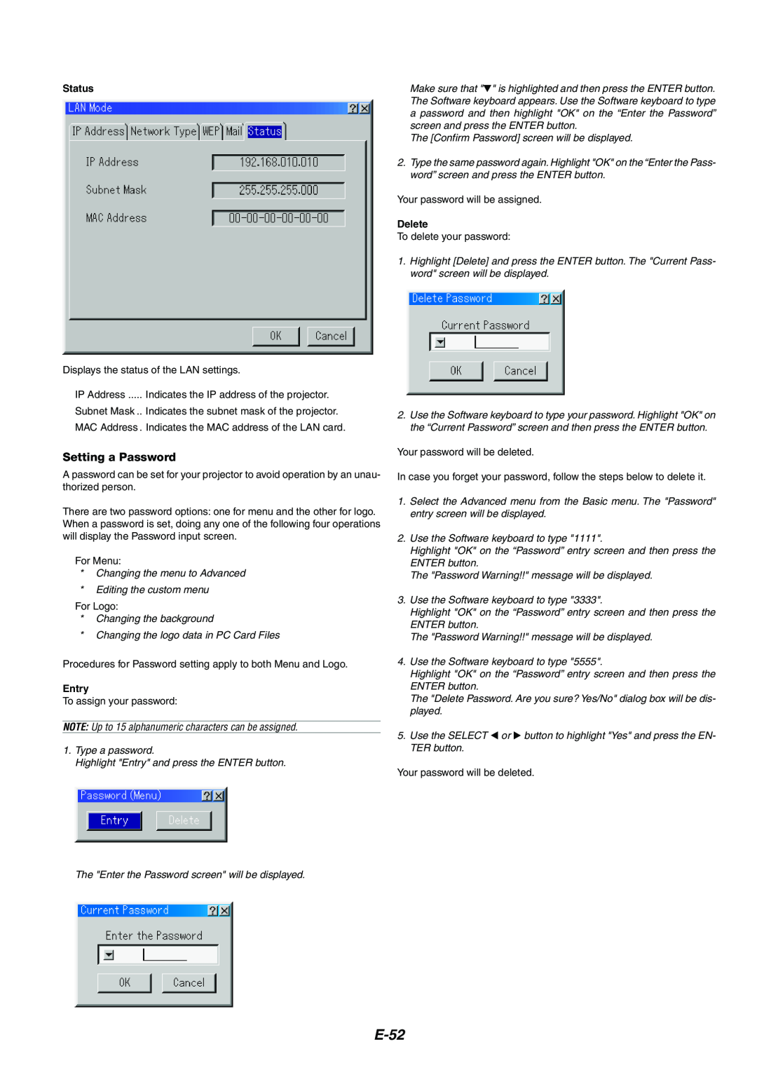 Kensington MT1075, MT1065 user manual E-52, Setting a Password, Status, Entry, Delete 
