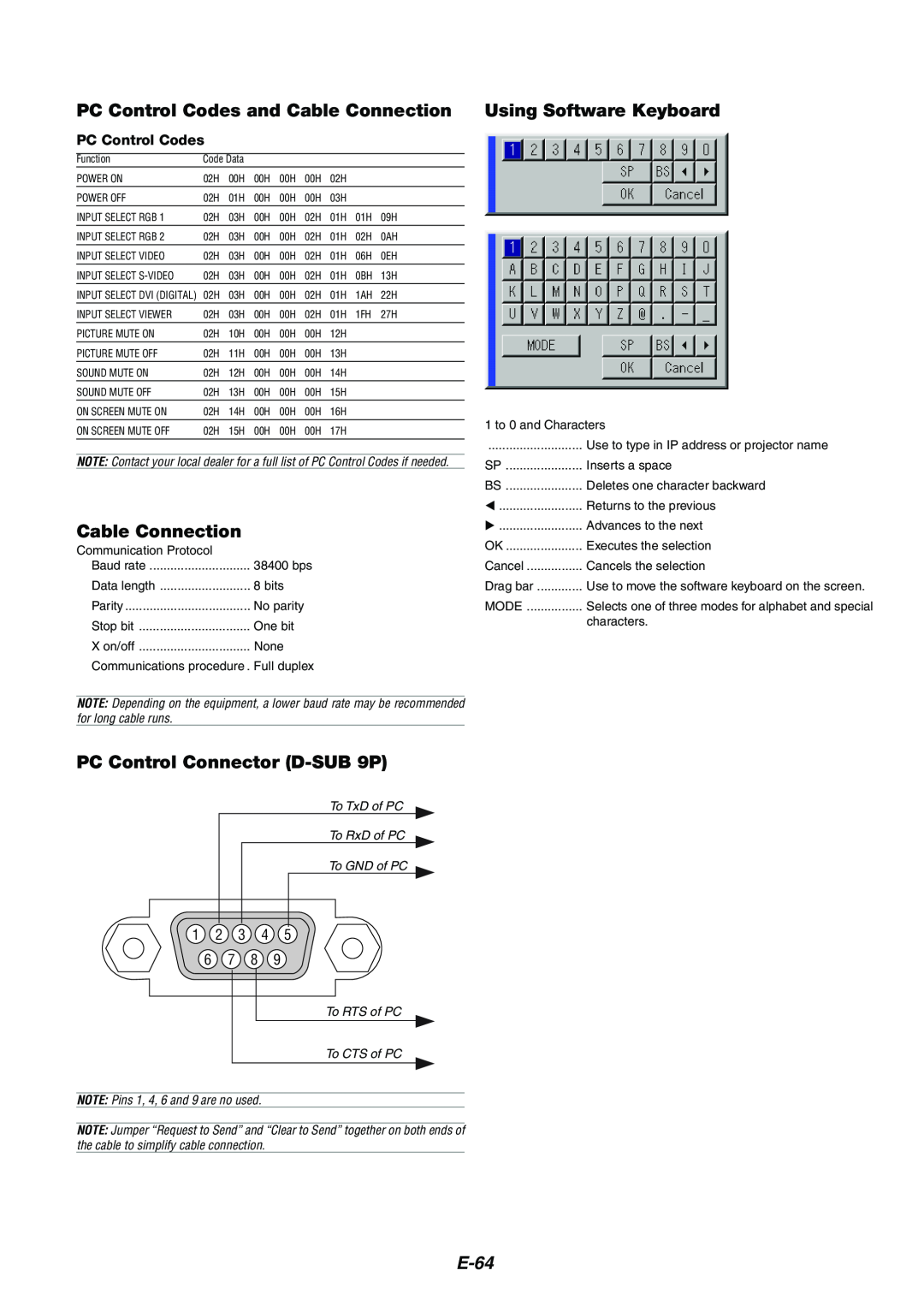 Kensington MT1075 PC Control Codes and Cable Connection, PC Control Connector D-SUB9P, Using Software Keyboard, E-64 