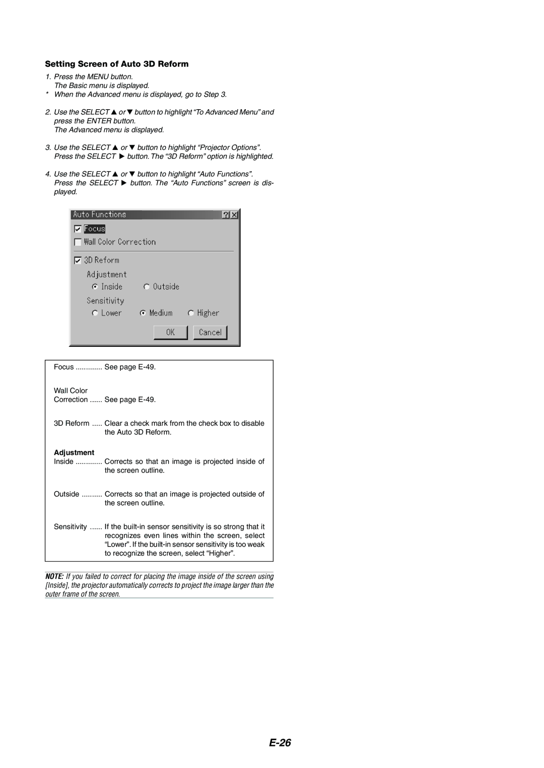 Kensington MT1075, MT1065 user manual Setting Screen of Auto 3D Reform, Adjustment 