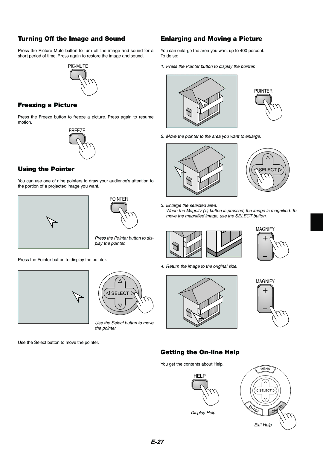 Kensington MT1065, MT1075 user manual Freezing a Picture, Using the Pointer, Getting the On-line Help 