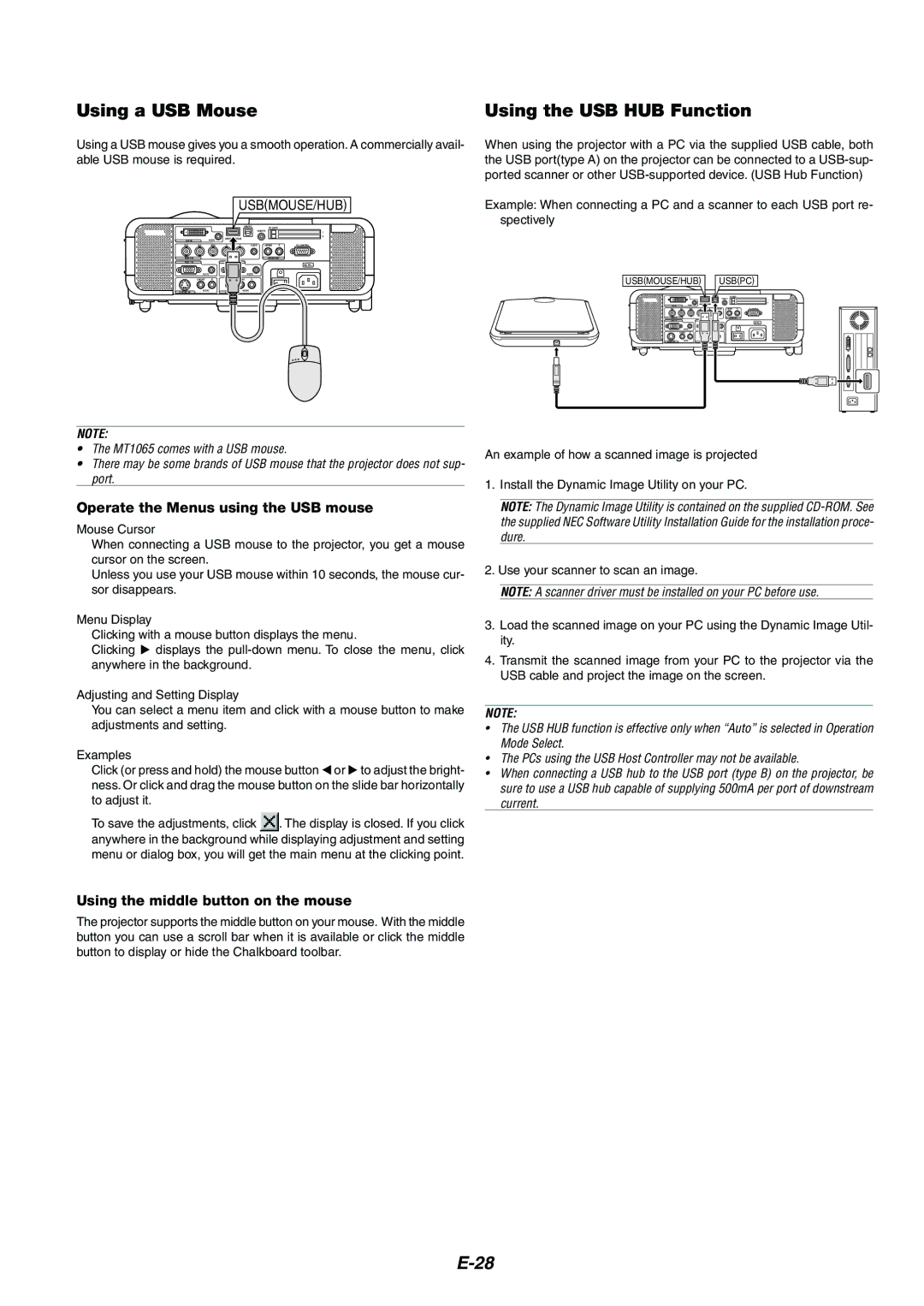 Kensington MT1075, MT1065 user manual Using a USB Mouse Using the USB HUB Function, Operate the Menus using the USB mouse 