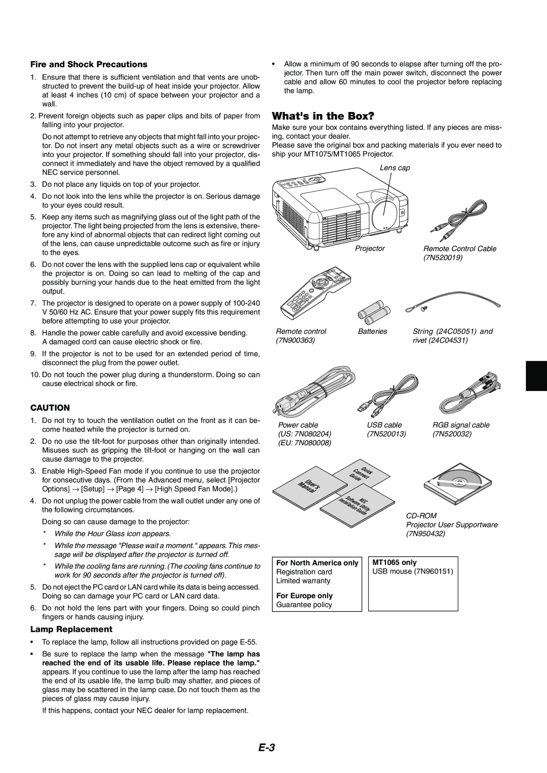 Kensington MT1075 Whats in the Box?, Fire and Shock Precautions, Lamp Replacement, For North America only MT1065 only 