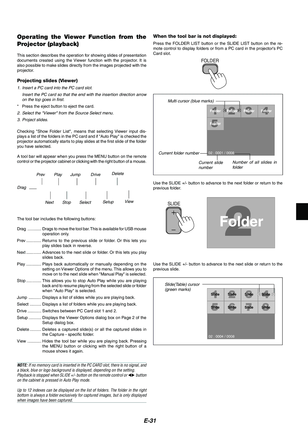 Kensington MT1065, MT1075 user manual Operating the Viewer Function from the Projector playback, Projecting slides Viewer 