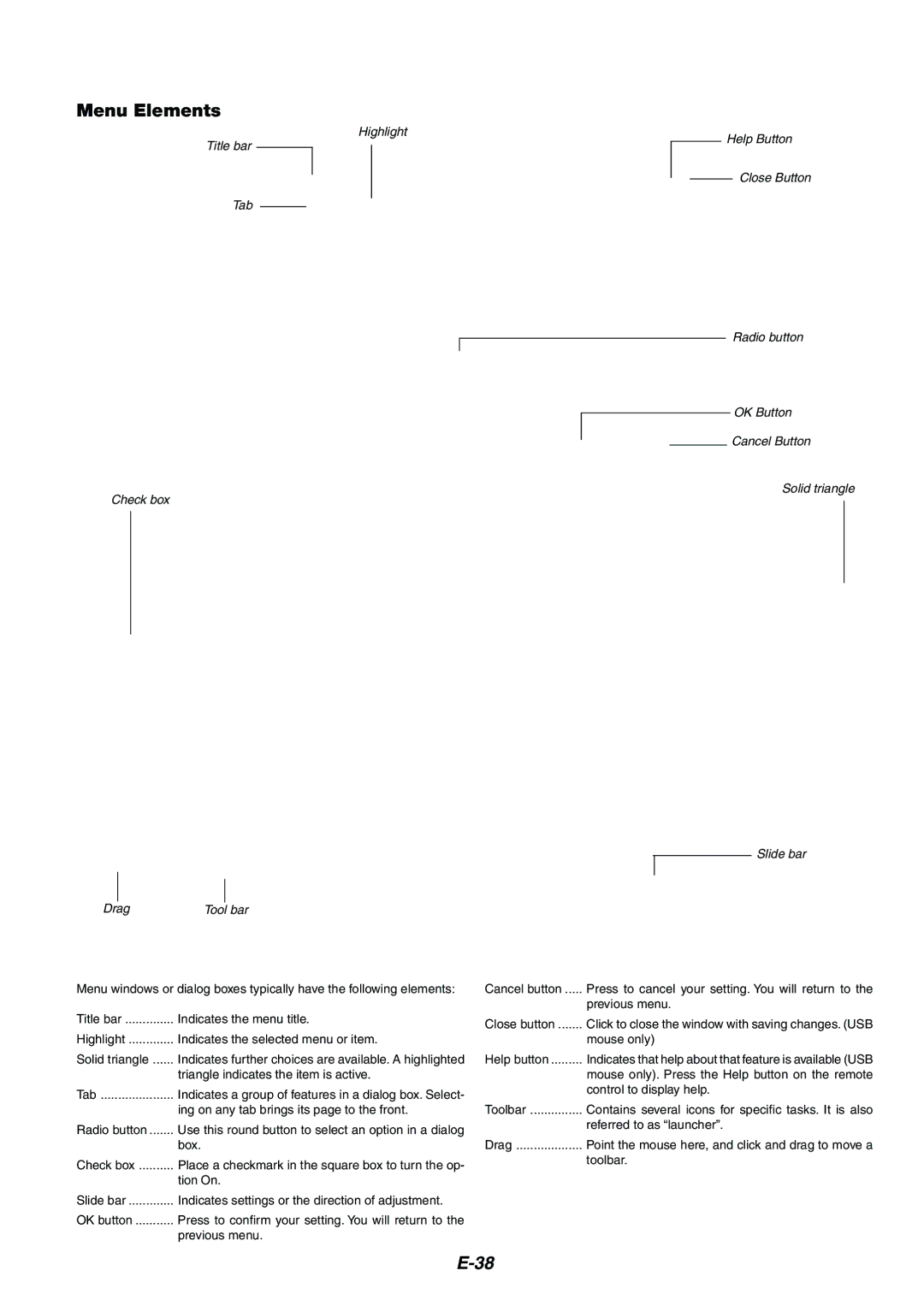 Kensington MT1075, MT1065 user manual Menu Elements 