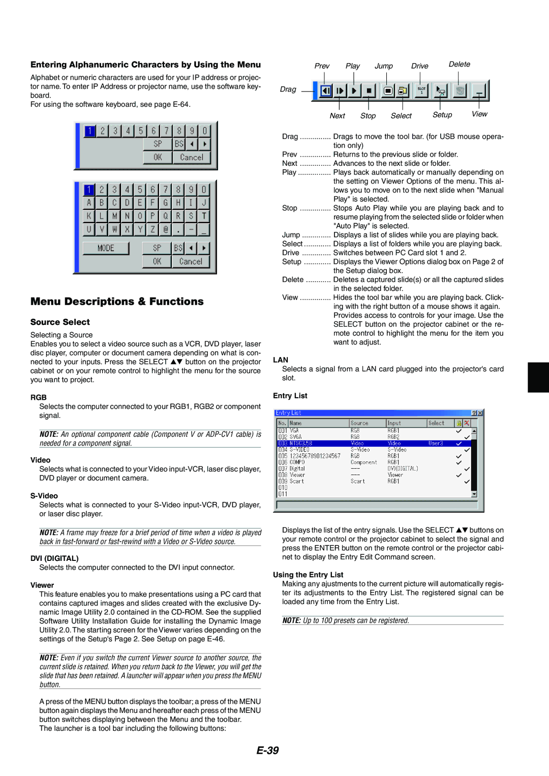 Kensington MT1065, MT1075 Menu Descriptions & Functions, Entering Alphanumeric Characters by Using the Menu, Source Select 