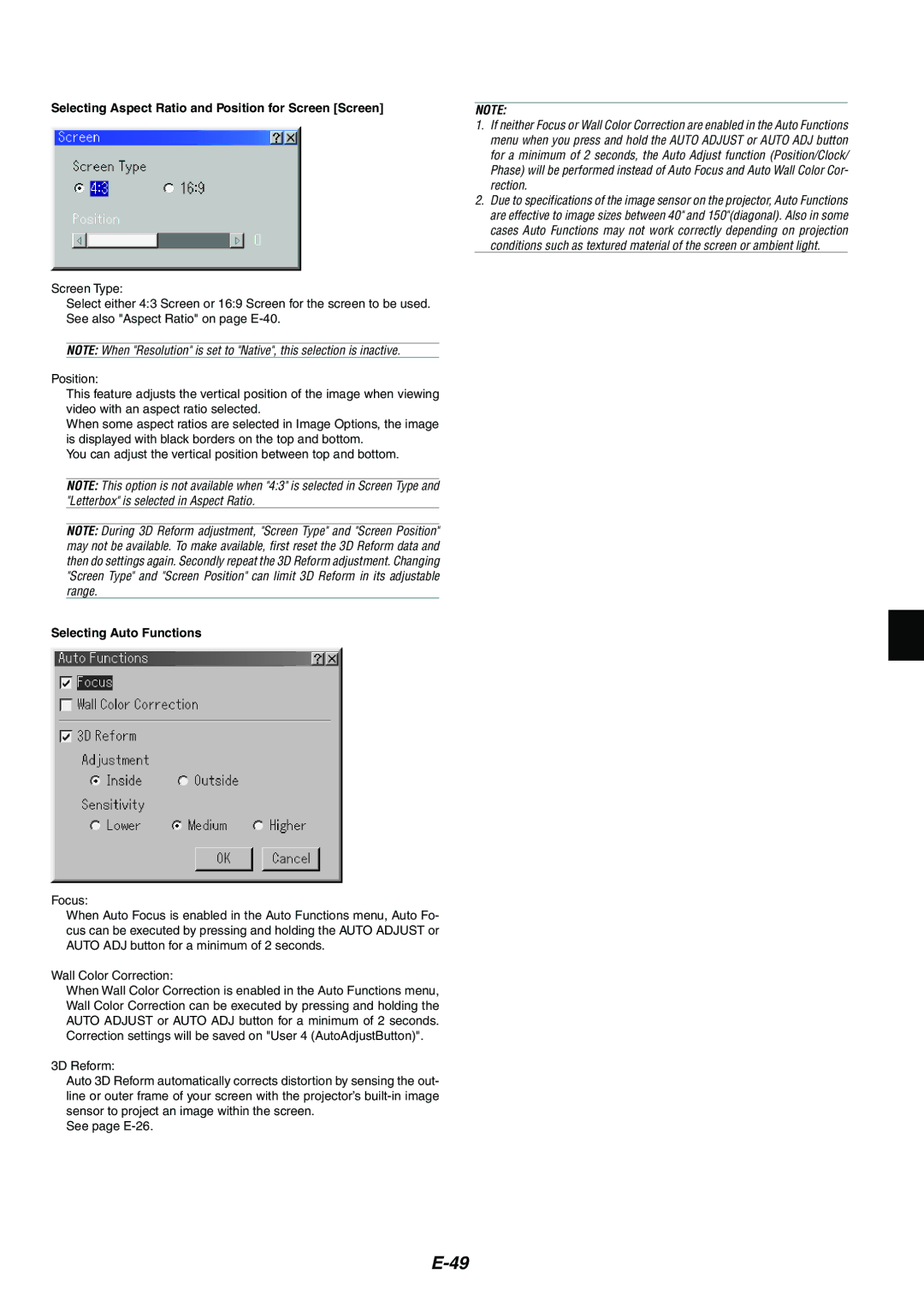 Kensington MT1065, MT1075 user manual Selecting Aspect Ratio and Position for Screen Screen, Selecting Auto Functions 