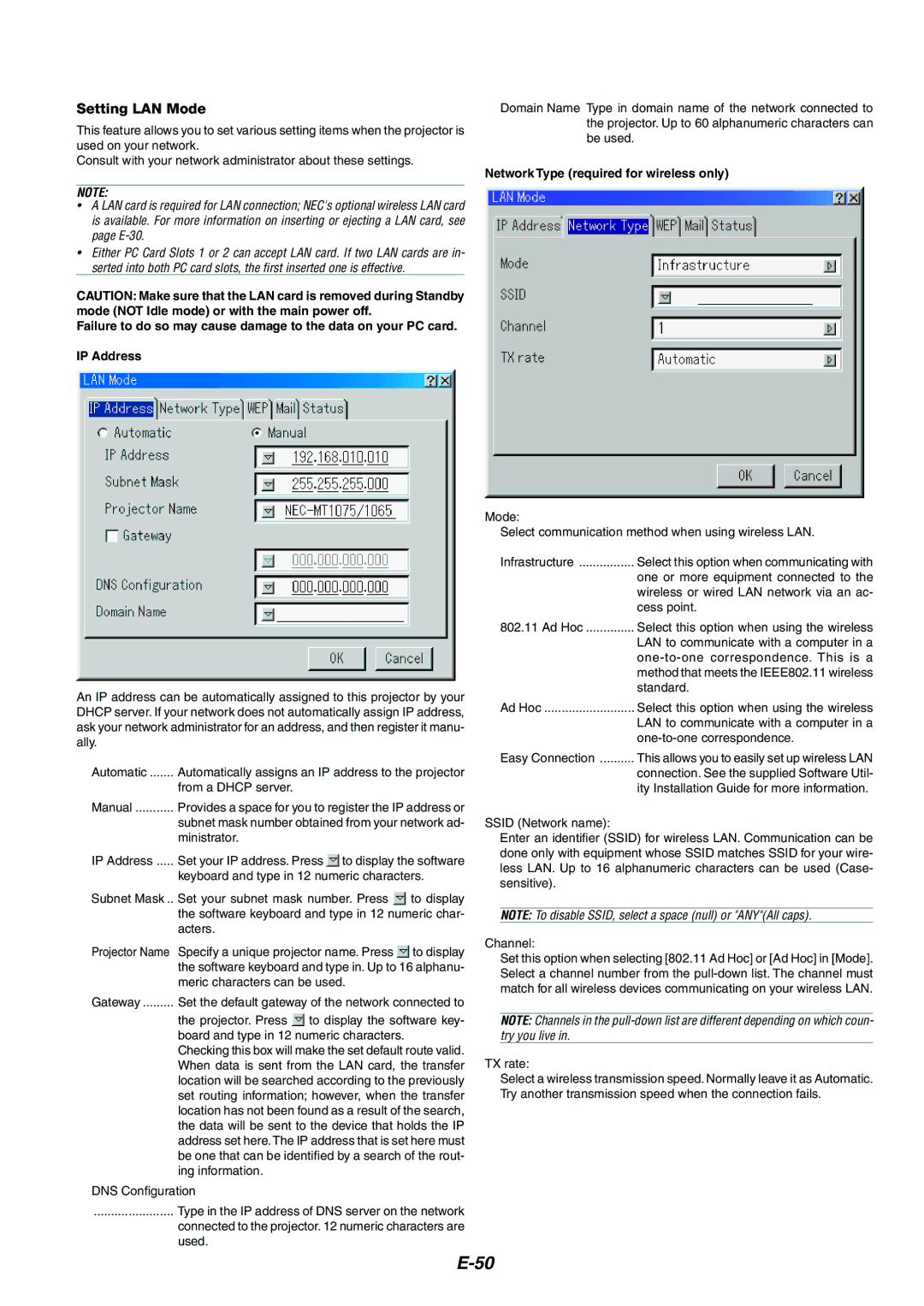 Kensington MT1075, MT1065 user manual Setting LAN Mode, Network Type required for wireless only 