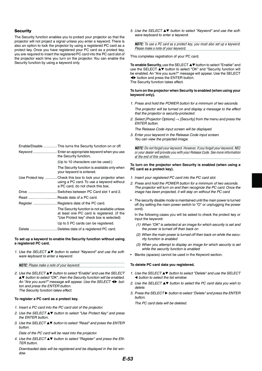 Kensington MT1065, MT1075 user manual To enable Security, use the Select, To delete PC card data you registered 