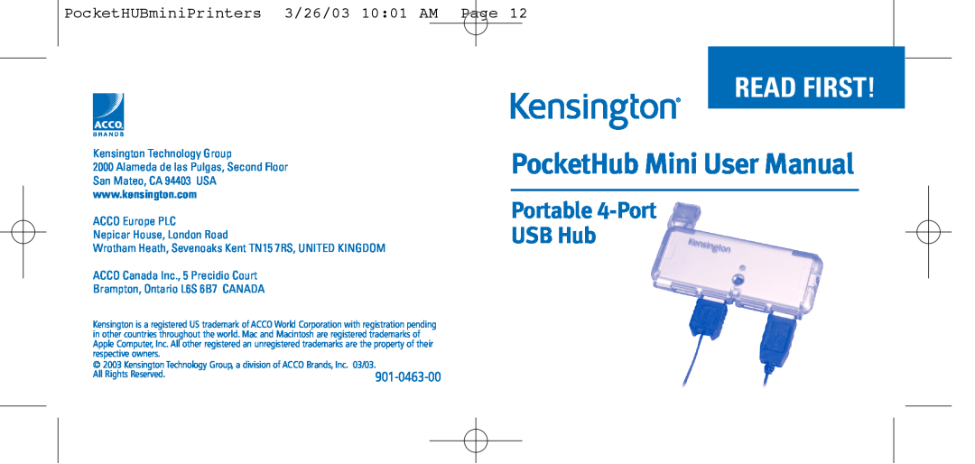 Kensington user manual Portable 4-Port USB Hub, PocketHUBminiPrinters 3/26/03 10 01 AM Page, PocketHub Mini User Manual 