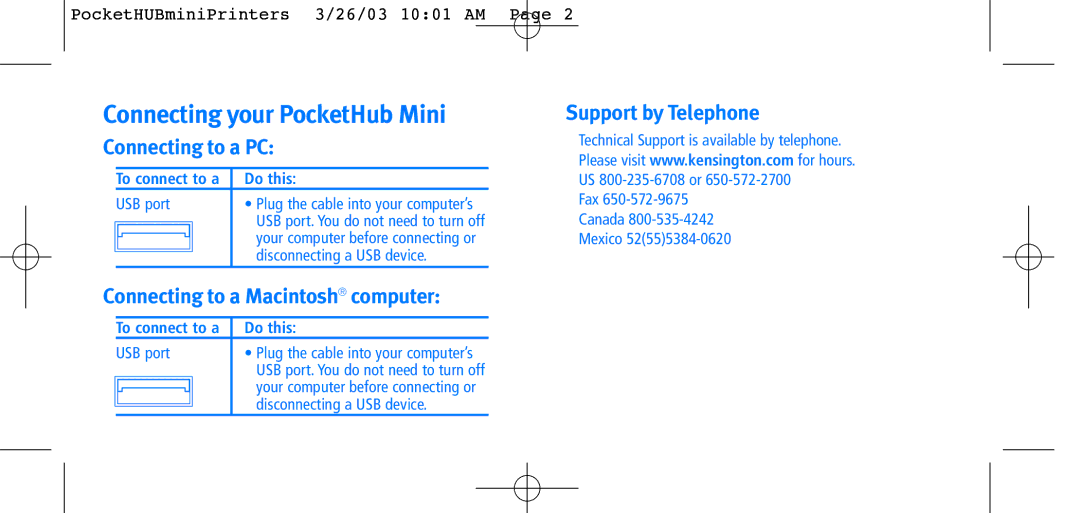 Kensington Portable 4-Port user manual Connecting to a PC, Connecting to a Macintosh computer, Support by Telephone 