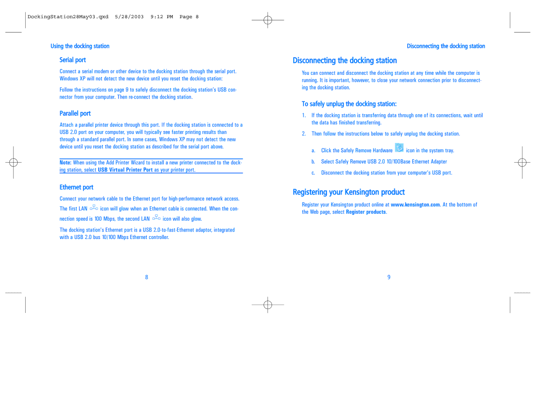 Kensington Portable Universal Docking Station manual Disconnecting the docking station, Registering your Kensington product 