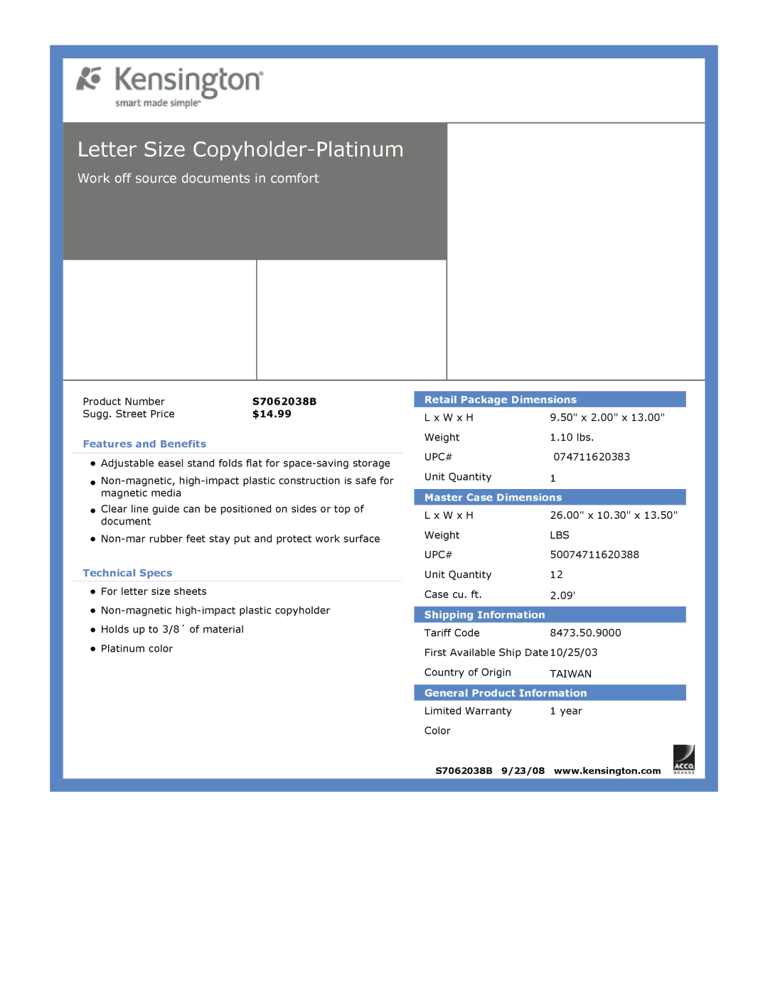 Kensington S7062038B dimensions Letter Size Copyholder-Platinum, Work off source documents in comfort 