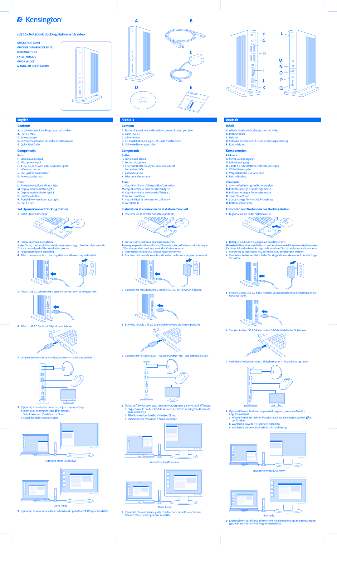 Kensington sd200v quick start English, Français, Deutsch 