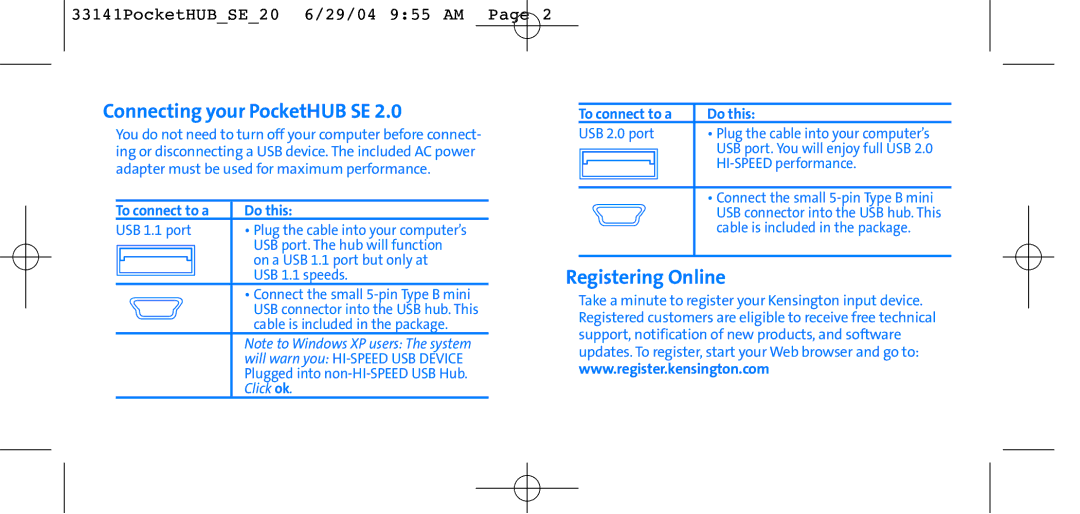 Kensington SE 2.0 user manual Connecting your PocketHUB SE, Registering Online 